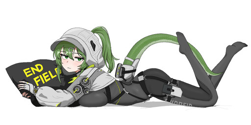 accessory big_breasts black_pillow blush blush_lines bodysuit breast_rest breasts capelet clothing eyelashes feet feet_up female fingerless_gloves glistening glistening_bodysuit glistening_clothing glistening_skinsuit gloves green_body green_eyes green_hair green_scales green_tail grey_bodysuit grey_clothing grey_skinsuit hair hair_accessory hairclip handwear hood_up hug hugging_object hugging_pillow looking_at_viewer lying no_shoes on_front pillow ponytail scales scaly_tail simple_background skinsuit smile smiling_at_viewer solo tail text text_on_pillow tight_clothing white_background white_capelet white_clothing white_fingerless_gloves white_gloves white_handwear cockati arknights arknights_endfield hypergryph studio_montagne fluorite_(arknights) animal_humanoid humanoid reptile reptile_humanoid scalie scalie_humanoid snake_humanoid 2026 aliasing digital_media_(artwork) english_text full-length_portrait hi_res portrait