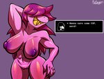 abs anthro breasts deltarune dialogue english_text female freckles genitals hair hair_over_eyes hand_on_hip hand_on_own_hip nipples nude protagon purple_hair pussy scalie susie_(deltarune) text undertale_(series)