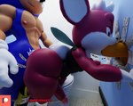 3d_(artwork) anal anal_penetration anthro bathroom big_butt blue_body blue_fur bottomless butt camseven chip_(sonic) clothed clothing digital_media_(artwork) english_text erection eulipotyphlan fellatio femboy from_behind_position fur genitals glory_hole group group_sex hair half-closed_eyes hedgehog hi_res male male/male male_penetrated male_penetrating male_penetrating_male mammal mostly_nude narrowed_eyes nipples nude oral oral_penetration orange_penis penetration penile penis public_restroom red_body red_fur restroom_stall sega sex smile sonic_the_hedgehog sonic_the_hedgehog_(series) sonic_unleashed spitroast teapot_(body_type) text thick_thighs toilet topwear trio unknown_species watermark white_hair wide_hips wings