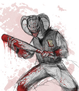 anthro baseball_bat bat_(object) blood blood_on_clothing blood_on_face blood_on_hand blood_on_object bodily_fluids bottomwear clothed clothed_anthro clothed_male clothing front_view fully_clothed fully_clothed_anthro fully_clothed_male holding_baseball_bat holding_object jacket male open_mouth pants print_clothing print_jacket print_topwear red_background simple_background snake_hood solo topwear white_background deriaz hotline_miami reptile scalie snake 2013 portrait sketch three-quarter_portrait