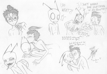 3_fingers ahoge anal anal_penetration antennae_(anatomy) argument backpack blush bodily_fluids clenched_teeth cum cum_on_hand dialogue duo exclamation_point eyes_closed eyewear fingers genital_fluids glasses hair kissing looking_back looking_pleasured male male/male male_penetrated male_penetrating male_penetrating_male nude one_eye_closed open_mouth pak penetration sex shocked simple_background smile speech_bubble surprised sweat sweatdrop teeth text tongue tongue_out white_background hyenakay invader_zim nickelodeon dib_membrane zim_(invader_zim) alien alien_humanoid human humanoid irken mammal 2008 comic english_text german_text hi_res monochrome signature sketch traditional_media_(artwork) translated