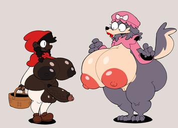 3_toes anthro areola balls barefoot basket big_areola big_balls big_breasts big_butt big_penis black_hair breasts brown_nipples butt claws clothing container dark_body dark_skin duo erection feet female footwear fur genitals grey_background grey_body grey_fur gynomorph hair hat headgear headwear hood huge_breasts intersex legwear long_sleeves navel nipples penis ponytail pubes red_nipples shoes simple_background smile tail tan_body tan_fur thigh_highs toes vulva kccatboi2002 fairy_tales little_red_riding_hood_(copyright) big_bad_wolf little_red_riding_hood canid canine canis human mammal wolf hi_res