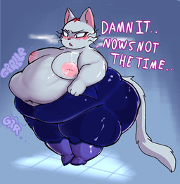 anthro areola big_areola big_breasts big_nipples blue_boots blue_clothing blue_footwear blue_jumpsuit boots breasts clothing deep_navel dialogue eyebrows female fluffy fluffy_tail footwear fur grey_body grey_fur hair huge_areola huge_breasts huge_nipples multicolored_body multicolored_fur narrowed_eyes navel nipples obese obese_anthro obese_female onomatopoeia open_mouth overweight overweight_anthro overweight_female pink_body pink_fur pink_inner_ear pink_nipples pink_nose putting_on_clothes red_hair rumbling_stomach shoes simple_background solo sound_effects tail text white_eyebrows gummyfruitcup nintendo star_fox star_fox_(2026) katt_monroe domestic_cat felid feline felis mammal 2026 english_text hi_res