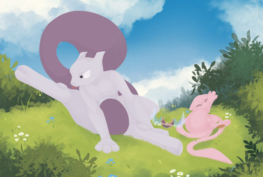 acting_like_a_cat anthro cloud detailed_background duo flower fur grass landscape licking long_tail multicolored_body nature paws personal_grooming pink_body pink_fur plant purple_body purple_eyes raised_leg sky skyscape tail tongue tongue_out tsukipaw nintendo pokemon generation_1_pokemon legendary_pokemon mew_(pokemon) mewtwo pokemon_(species) detailed hi_res