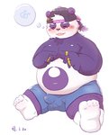 anthro balls_outline belly blush bottomwear bulge clothing detailed_bulge eyes_closed fur genital_outline hat headgear headwear kemono male navel overweight overweight_anthro overweight_male penis_outline purple_body purple_fur shorts simple_background sitting solo white_background white_body white_fur young lantu_(artist) lifewonders tokyo_afterschool_summoners alp_(tas) bear giant_panda mammal 2021 hi_res