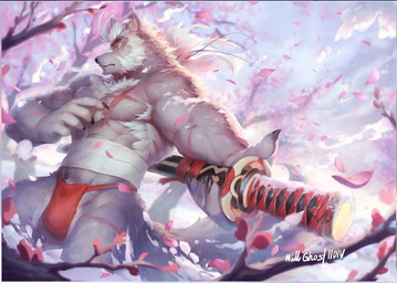 5_fingers abs anthro asian_clothing barazoku black_nose claws clothed clothing east_asian_clothing eyes_closed facial_hair fingers fundoshi japanese_clothing katana male melee_weapon muscular muscular_anthro muscular_male outside plant samurai solo sword topless tree underwear warrior weapon null-ghost morihiko canid canine canis mammal wolf 2015 portrait three-quarter_portrait