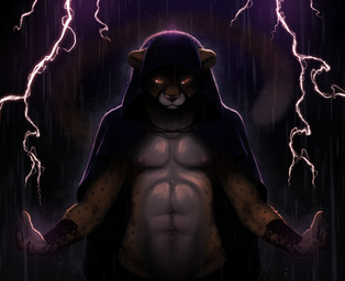 abs anthro clothed clothing electricity glowing glowing_eyes hood lightning looking_at_viewer male nipples pecs raining solo ajna cheetah felid feline mammal