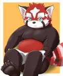 anthro belly black_body black_nose butt clothing humanoid_hands kemono male red_body simple_background sitting slightly_chubby solo underwear white_body 5groo5 lifewonders tokyo_afterschool_summoners zhurong_(tas) ailurid mammal red_panda 2021 hi_res