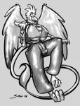 anthro beak big_breasts bottomwear breasts bulge clothed clothing feathered_wings feathers gynomorph huge_breasts intersex non-mammal_breasts pants solo tail wings saliant mythology guri_snowpaw avian gryphon mythological_avian mythological_creature hi_res monochrome