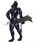 anthro clothed clothing latex latex_clothing latex_skinsuit male rear_view skinsuit standing tight_clothing whip xpuppykittyzx canid canine mammal hi_res watermark