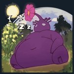 anthro belly big_belly deep_navel detailed_background fat_arms male moobs navel obese overweight plant sitting sitting_on_ground sleeping solo thick_thighs mariodp nintendo pikmin elemental_creature flora_fauna pikmin_(species) purple_pikmin 1:1 animated short_playtime