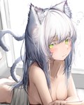 blush butt female female_humanoid fluffy fur green_eyes grey_body grey_fur grey_hair hair long_hair looking_at_viewer lying nude on_front solo tail towel tabhead arknights hypergryph studio_montagne rosmontis_(arknights) animal_humanoid cat_humanoid felid felid_humanoid feline feline_humanoid humanoid mammal mammal_humanoid 2023 4:5 absurd_res digital_media_(artwork) hi_res