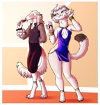 anthro breasts clothed clothing duo female fur hair male male/female simple_background smile tail white_body white_fur bearyboo paledrake lumi_(paledrake) milosh_(ais05) borzoi canid canine canis domestic_dog hunting_dog mammal mustelid musteline sighthound stoat true_musteline weasel digital_media_(artwork) hi_res