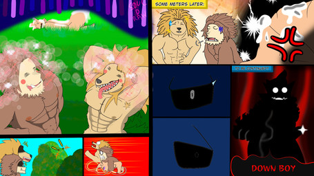 abs angry anthro blonde_hair bodily_fluids bread brown_body brown_fur brown_hair comic_panel cum cum_in_ass cum_inside cum_on_face defeated escape escaping fangs food fur genital_fluids group hair hands_behind_head horn male male/male nipples nude nude_anthro nude_male raised_arms satisfaction satisfied_look smile surprised teeth text tongue tongue_out trio yellow_body soul_d_raws my_hero_academia hound_dog_(my_hero_academia) jurota_shishida koji_koda canid canine humanoid mammal 16:9 absurd_res comic english_text hi_res widescreen