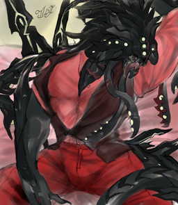anthro anthrofied black_body bottomwear bulge clothed clothing fabric male multi_eye open_mouth pants pose raised_arm red_clothing scar sharp_teeth shirt sitting solo spikes spikes_(anatomy) tail teeth tendrils tentacles tongue tongue_out topwear white_eyes fropopipo creatures_of_sonaria roblox alien feral_korathos korathos hi_res
