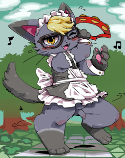 3_toes 4_fingers anthro balls barefoot blonde_hair blush claws clothed clothing crossdressing cute_fangs dancing day digitigrade eyewear fangs feet femboy fingers flaccid foreskin fur genitals glasses grey_body grey_fur hair happy heart_symbol holding_tambourine humanoid_genitalia humanoid_penis kemono looking_at_viewer maid_headdress maid_uniform male musical_instrument musical_note musical_symbol one_eye_closed open_mouth orange_eyes outside pawpads penis percussion_instrument pink_pawpads plant semi-anthro solo symbol tail tambourine teeth toes tree uniform whiskers wink yellow_eyes young young_anthro young_male nekonohige you0dool yuureidooru animal_crossing nintendo raymond_(animal_crossing) domestic_cat felid feline felis mammal 2020 aliasing digital_media_(artwork) full-length_portrait hi_res japanese_description portrait