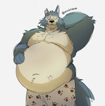 anthro beastars belly big_belly black_nose blue_body blue_fur canid canine canis clothing cream_belly eye_scar facial_scar fluffy fur hand_behind_head hand_on_belly hands_on_belly hi_res legoshi_(beastars) looking_at_viewer male mammal mindof navel notched_ear obese overweight overweight_anthro overweight_male pawprint_print pecs print_clothing print_underwear scar simple_background solo underwear white_background wolf