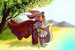 anthro beach detailed_background grass male melee_weapon mountain outside plant sand seaside shield solo sword tree water weapon senz nintendo pokemon spartan_(roman) eeveelution flareon generation_1_pokemon pokemon_(species) 2015 hi_res