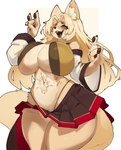 abdominal_tattoo anthro armwear bangs bare_shoulders belly_tattoo big_breasts blonde_hair bottomwear breasts clothed clothing curvy_figure detached_sleeves fangs female fox_shadow_puppet fur gesture hair hand_gesture huge_breasts inner_ear_fluff long_hair low-angle_view midriff navel open_mouth parted_bangs paws sharp_teeth skirt solo tail tan_body tan_fur tattoo teeth thick_thighs thong thong_straps tuft under_boob underwear voluptuous voluptuous_female wide_hips yellow_eyes crr001 canid canine fox mammal absurd_res hi_res