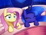 bed blue_hair blush cosmic_hair crown duo ethereal_hair eyelashes female female/female feral furniture hair headgear horn inside lesbian_thoughts long_hair on_bed pink_hair smile starry_hair troubled under_covers negativefox friendship_is_magic hasbro my_little_pony mythology fluttershy_(mlp) princess_luna_(mlp) equid equine horse mammal mythological_creature mythological_equine pony unicorn 2011