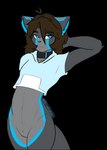 anthro blue_eyes bottomless brown_hair clothed clothing collar cropped_hoodie cropped_topwear featureless_crotch grey_body hair hand_behind_own_head hands_behind_back hoodie machine male solo topwear alrecsolus alrec_(character) android felid feline mammal robot alpha_channel hi_res