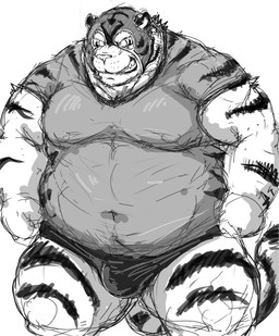 anthro barazoku belly big_belly bulge clothing front_view kemono kneeling male mask muscular muscular_anthro muscular_male obese obese_anthro obese_male overweight overweight_anthro overweight_male simple_background solo speedo sports_mask sportswear swimwear translucent translucent_clothing white_background wrestling_mask kotobuki felid mammal pantherine tiger 2015 greyscale monochrome