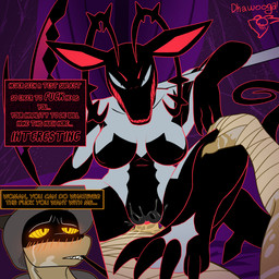 anthro bandage bed black_body blush bodily_fluids breasts cigar claws clothing cowgirl_position duo featureless_breasts feet female female_penetrated first_person_view foot_on_chest from_front_position furniture genital_fluids genitals glowing hand_on_leg headgear headwear horn looking_at_viewer looking_pleasured male male/female male_penetrating male_penetrating_female markings melee_weapon nipple_outline nude on_bottom on_top penetration penis polearm scythe sex sharp_teeth smile tail teeth text vaginal vulva weapon dhalek infernadise_(retrospecter) mythology dhalek_(dhalek) nightflaid_(retrospecter) the_wanderer_(dhalek) demon humanoid scalie 1:1 absurd_res digital_media_(artwork) english_text hi_res