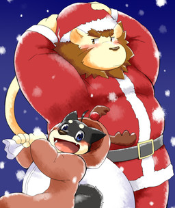 anthro blush clothing duo hat headgear headwear holidays humanoid_hands kemono male outside overweight overweight_male snow 12beat13 christmas santa_claus canid canine canis domestic_dog felid lion mammal pantherine 2015