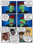 3:4 alligator alligatorid anthro asinus bat casey_ramser clothed clothing comic crocodilian deer dialogue diego_abel donkey electronics english_text equid equine fully_clothed fuze gaming headphones hi_res jacques_(texnatsu) jorge_san_nicolas kenta_yamashita laugh male mammal name_drop name_in_dialogue playing_videogame pointy_speech_bubble reptile scalie speech_bubble stuttering suid suina sus_(pig) texnatsu text wild_boar yelling