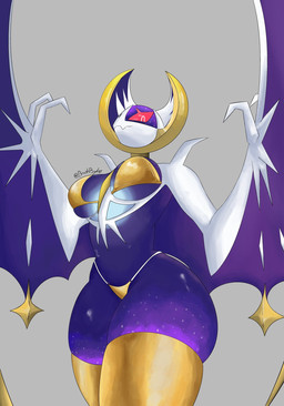 anthro bikini clothing cosmic_body female gold_bikini membrane_(anatomy) membranous_wings purple_body red_eyes solo star swimwear two-piece_swimsuit wings brushbyter nintendo pokemon generation_7_pokemon legendary_pokemon lunala pokemon_(species) hi_res