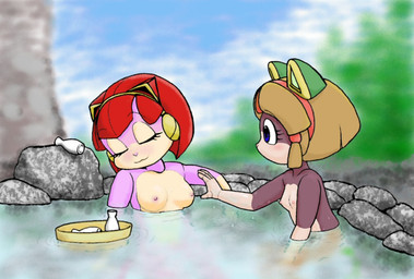 alcohol anthro beverage blush breasts drunk duo female female/female food half_submerged hot_spring nipples partially_submerged sake substance_intoxication water shep samurai_pizza_cats francine_manx polly_esther