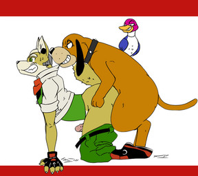 all_fours anal anal_penetration anthro anthro_on_feral anthro_penetrated beak bestiality big_butt black_body black_fur black_nose bodily_fluids butt clothed clothing doggystyle erection exclamation_point feral feral_penetrating feral_penetrating_anthro feral_penetrating_male footwear from_behind_position fur genitals green_eyes group humanoid_genitalia humanoid_penis interspecies jacket male male/male male_on_feral male_penetrated male_penetrating male_penetrating_male obscured_penetration orange_body orange_fur partially_clothed penetration penile penile_penetration penis pointy_ears prick_ears raised_tail sex shoes simple_background smile sweat tail tan_body tan_fur teeth topwear voyeur white_background yellow_body yellow_fur lobogris reagan700 duck_hunt nintendo star_fox super_smash_bros. duck_hunt_dog duck_hunt_duck fox_mccloud anas anatid anseriform avian bird canid canine canis dabbling_duck domestic_dog duck fox mallard mammal animated