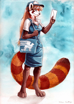 anthro biped chest_tuft delivery_(commerce) delivery_employee envelope female fur letter postal_carrier postal_delivery solo standing tail tuft hibbary ailurid mammal red_panda