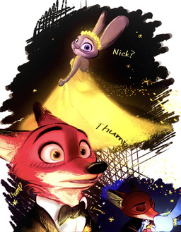 anthro anthro_on_anthro black_tie_(suit) bow_tie clothed clothing dress duo female fingers fur grey_body grey_fur interspecies kissing long_ears looking_at_viewer male male/female onomatopoeia predator/prey purple_eyes red_body red_fur sound_effects standing suit tan_body tan_fur text nibkman0304 disney zootopia judy_hopps nick_wilde canid canine european_rabbit fox lagomorph leporid mammal oryctolagus rabbit red_fox true_fox absurd_res hi_res