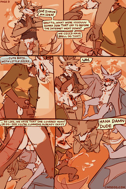 anthro balls being_watched biped blush bodily_fluids bottomless bottomless_anthro bottomless_male butt clothed clothed/nude clothing cum cum_on_ground cumshot dialogue ejaculation erection exhibitionism eyes_closed foreskin genital_fluids genitals group humanoid_genitalia humanoid_penis looking_at_another male male/male masturbation membrane_(anatomy) membranous_wings neck_tuft nipples nude only_one_nude orgasm partner_as_porn penile penile_masturbation penis small_penis speech_bubble tail tail_motion tailwag text trio tuft winged_arms wings lawyerdog brell_(lawyerdog) cantio_(lawyerdog) grotto_(lawyerdog) american_opossum bat canid canine canis coyote mammal marsupial 2026 2:3 comic digital_media_(artwork) english_text hi_res