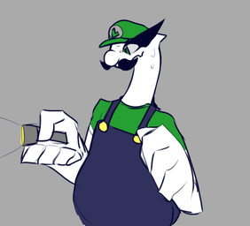 5_fingers anthro anthrofied belly biped black_outline blue_clothing blue_overalls bodily_fluids clothed clothing cosplay facial_hair fingers flashlight front_view green_clothing green_eyes green_hat green_headwear green_shirt green_topwear grey_background hat headgear headwear holding_object humor light looking_aside luigi_hat male mustache outline overalls pun round_nose scared shirt simple_background solo standing sweat sweatdrop text text_on_clothing text_on_hat text_on_headwear three-quarter_view toony topwear visual_pun white_body white_nose white_skin wide_eyed worried abyssalspoon mario_bros nintendo pokemon luigi generation_2_pokemon legendary_pokemon lugia pokemon_(species) 2021 colored crossover digital_media_(artwork) flat_colors half-length_portrait portrait