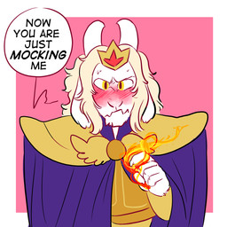 anthro armor blush cape clothing crown fire fur grumpy headgear horn king magic male royalty simple_background solo white_body white_fur fluffyboobs undertale undertale_(series) asriel_dreemurr boss_monster_(undertale) bovid caprine mammal 1:1 2015 absurd_res hi_res
