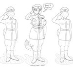 anthro belt big_breasts boots breasts button_(fastener) clothing faceless_character faceless_male female footwear gesture group hat headgear headwear male medal military_uniform russian salute shoes soviet_union straining_buttons thought_bubble tight_clothing uniform world_war_2 worried panzerschreckleopard laya_chuganova felid mammal pantherine snow_leopard 2022 absurd_res hi_res monochrome