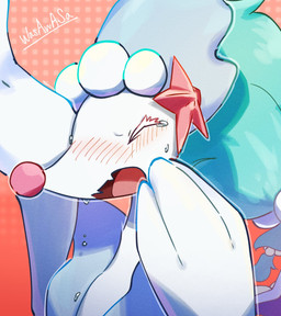 ambiguous_gender anthro blue_hair blush blush_lines bodily_fluids eyelashes fangs gem hair pearl_(gem) simple_background solo starfish_(accessory) sweat tears teeth tongue white_body wasawasa nintendo pokemon asterozoan echinoderm generation_7_pokemon marine pokemon_(species) primarina starfish 2025 hi_res signature