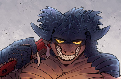 anthro female looking_at_viewer pipe_wrench simple_background smile smiling_at_viewer solo thewolfdrake fallout microsoft deathclaw reptile scalie absurd_res digital_media_(artwork) hi_res
