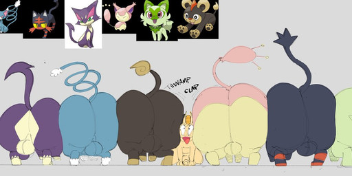 anthro balls big_butt biped black_body black_fur butt feral fur genitals green_body green_fur green_tail group huge_butt male open_mouth paws pink_body pink_fur purple_body purple_fur purple_tail quadruped rear_view simple_background tail tan_body tan_fur text sushiamazing nintendo pokemon generation_1_pokemon generation_3_pokemon generation_4_pokemon generation_5_pokemon generation_6_pokemon generation_7_pokemon generation_9_pokemon glameow litleo litten meowth pokemon_(species) purrloin skitty sprigatito