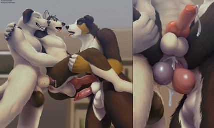 anal anal_penetration animal_genitalia animal_penis anthro anus balls big_balls bodily_fluids canine_genitalia canine_penis double_anal double_penetration floppy_ears french_kissing fur genitals green_eyes group group_sex kissing knot male male/male male_penetrated male_penetrating male_penetrating_male penetration penile penile_penetration penis penis_tip saliva saliva_string sex sheath text threesome tongue trio whiskers white_body white_fur virtyalfobo jenklin_(character) lucas_(lucasreturns) bernese_mountain_dog canid canine canis domestic_dog husky mammal molosser mountain_dog nordic_sled_dog spitz swiss_mountain_dog absurd_res hi_res url