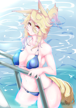 blonde_hair breasts butt clothing female fur hair inner_ear_fluff looking_at_viewer navel partially_submerged red_eyes solo swimming_pool swimwear tuft water wet white_body white_fur yellow_body yellow_fur yukusasu animal_humanoid canid canid_humanoid canine canine_humanoid fox_humanoid humanoid mammal mammal_humanoid 2015 hi_res portrait three-quarter_portrait