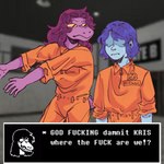 5_fingers anthro blue_body blue_hair dialogue duo female fingers hair humor long_hair male parody prison_uniform prisoner profanity purple_body purple_hair screencap screencap_background text text_box onionporridge deltarune kris_where_are_we scp_foundation undertale_(series) d-class kris_(deltarune) susie_(deltarune) dinosaur human mammal prehistoric_species reptile scalie 1:1 2021 english_text hi_res meme