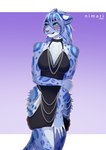 2024 5_fingers anthro arm_under_breasts blue_body blue_eyes blue_hair blue_spots blush breasts chain_jewelry chest_tuft claws clothing dress felid feline female fingers fur grey_body grey_fur hair hi_res hip_tuft holding_arm hollow_hip_backless_chain_dress khajiit leopard long_hair looking_sideways m'ria_(maks_hunt) mammal markings meme meme_clothing microsoft nimari pantherine shy silver_(metal) simple_background snow_leopard solo spots spotted_body spotted_fur standing tail text the_elder_scrolls tuft url white_body white_fur