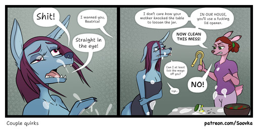 anthro blue_body clothed clothing comic_panel dialogue duo female food hair mayonnaise mayonnaise_on_body misleading_thumbnail profanity purple_hair speech_bubble strategic_crop text soovka majonez_kielecki beatrice_(soovka) michelle_(soovka) canid canine canis deer jackal mammal 2:1 comic english_text hi_res url