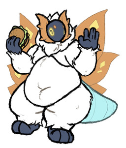2_horns 3_toes ambiguous_gender anthro anthrofied arthropod_abdomen belly big_belly biped blue_body blue_skin burger deep_navel eye_markings eyes_closed feet food fur holding_food holding_object horn insect_wings mane markings moobs navel neck_tuft orange_markings overweight overweight_ambiguous overweight_anthro pokemorph red_horn red_wings simple_background solo standing toes tuft white_background white_body white_fur wings yellow_markings aki_maned_wolf nintendo pokemon ancient_pokemon arthropod generation_9_pokemon insect lepidopteran moth paradox_pokemon pokemon_(species) slither_wing 2023 hi_res