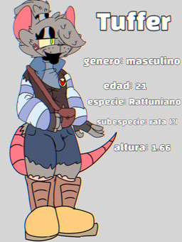 anthro bottomwear clothing footwear gloves gloves_(marking) green_eyes grey_body handwear male markings scarf shirt shoes shorts solo tail text topwear wannapossums rutfer_j._randtex mammal murid murine rat rodent 3:4 model_sheet spanish_text