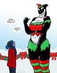 anthro big_breasts blush breasts butt christmas_clothing cleavage clothed clothing duo female holidays male navel thick_thighs wide_hips transient001 christmas dc_comics orca_(dc) cetacean dolphin human mammal marine oceanic_dolphin orca toothed_whale