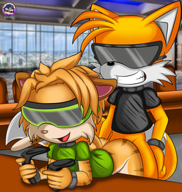 anal anal_penetration anthro bottomless bracelet clenched_teeth clothed clothing duo eyewear fur furniture glasses jewelry male male/male on_table open_mouth penetration shirt shirt_only table teeth tongue topwear topwear_only vr_controller vr_headset yellow_body yellow_fur sirjzau sega sonic_the_hedgehog_(series) fan_character miles_prower canid canine felid feline fox mammal absurd_res hi_res